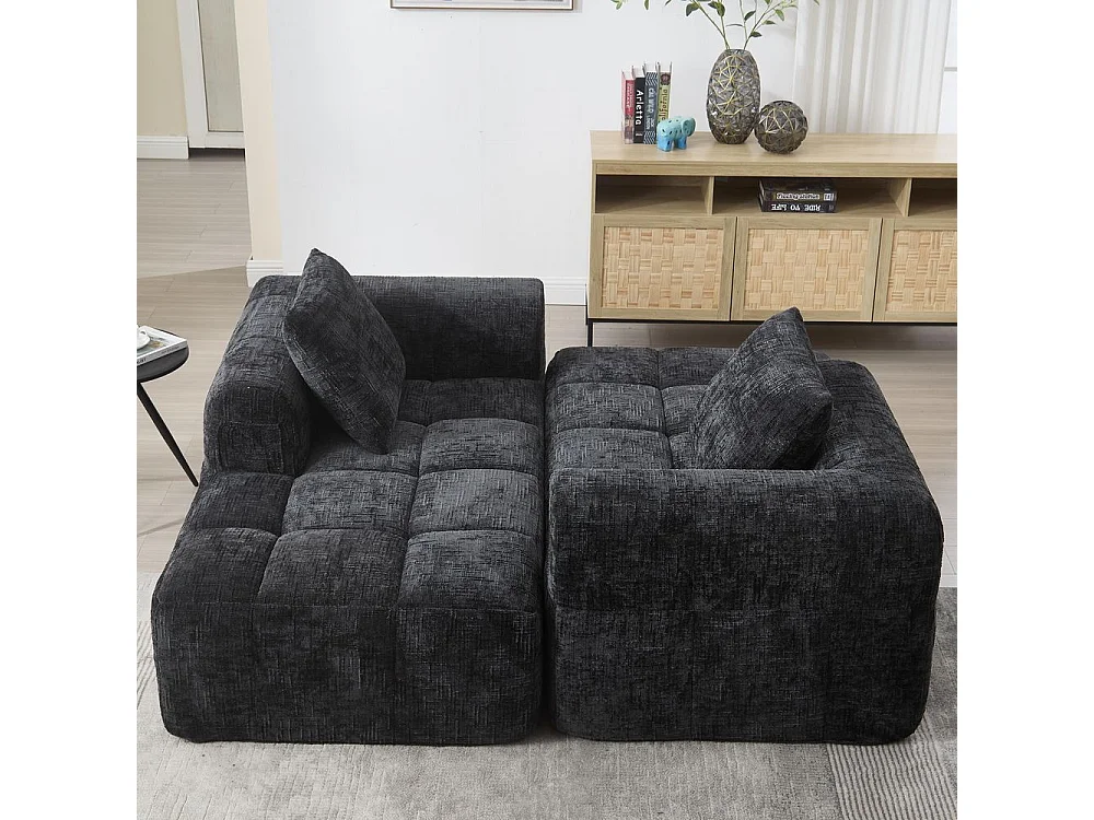 Canapé modulaire 3 places sans installation en chenille avec chaise longue accoudoirs trois coussins et poche latérale pour télécommande couleur noir