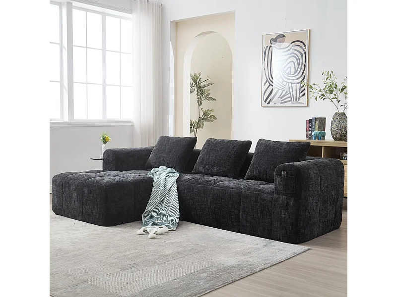 Canapé modulaire 3 places sans installation en chenille avec chaise longue accoudoirs trois coussins et poche latérale pour télécommande couleur noir