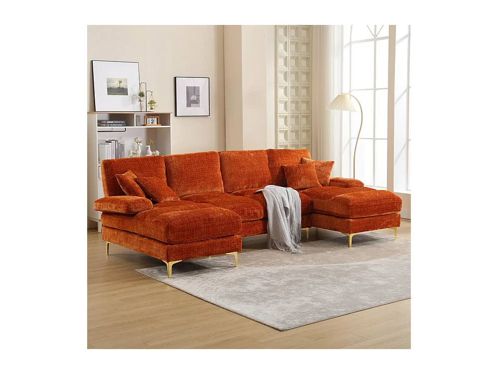 Canapé d'angle moderne en chenille 4 places canapé avec double assise convertible orange