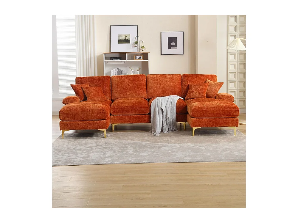 Canapé d'angle moderne en chenille 4 places canapé avec double assise convertible orange