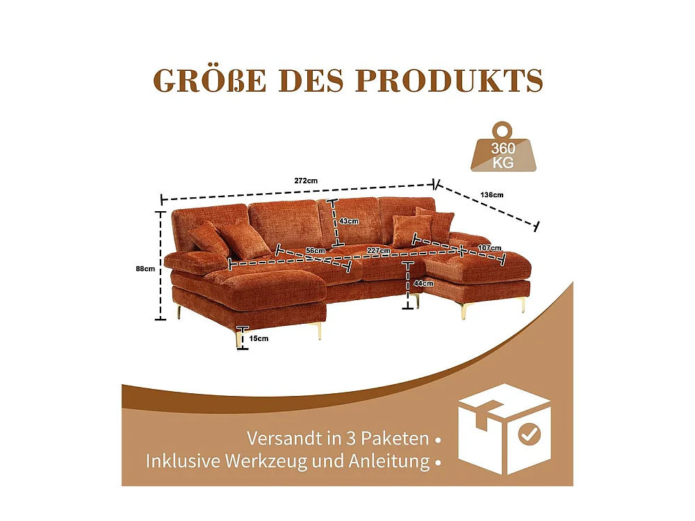 Canapé d'angle moderne en chenille 4 places canapé avec double assise convertible orange