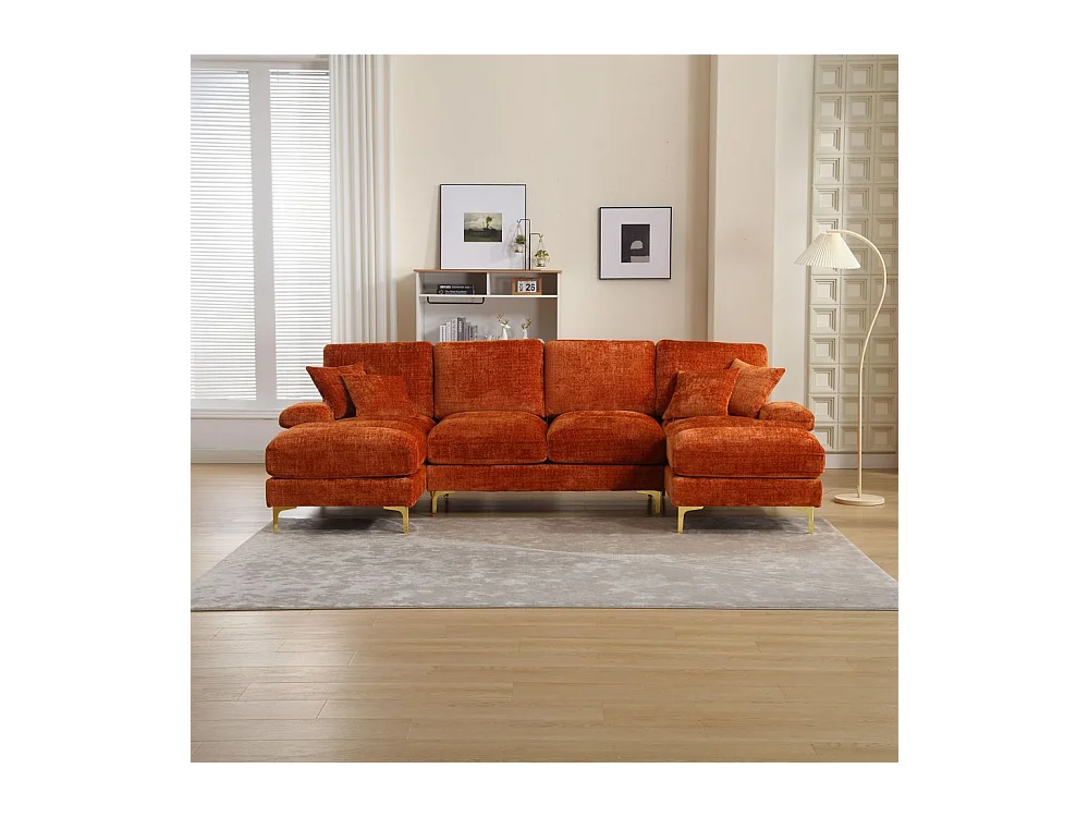 Canapé d'angle moderne en chenille 4 places canapé avec double assise convertible orange