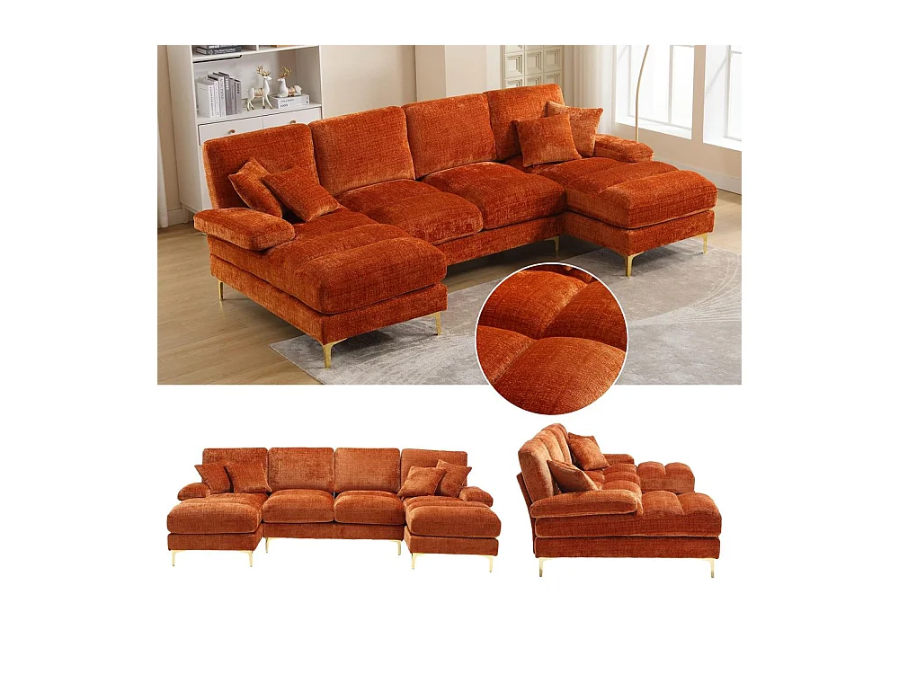 Canapé d'angle moderne en chenille 4 places canapé avec double assise convertible orange