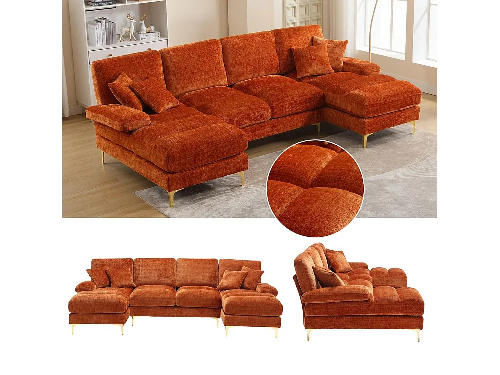 Canapé d'angle moderne en chenille 4 places canapé avec double assise convertible orange