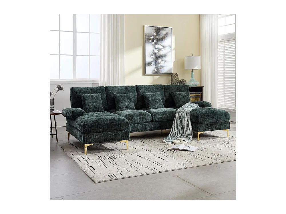 Canapé d'angle moderne en chenille 4 places canapé avec double assise convertible émeraude