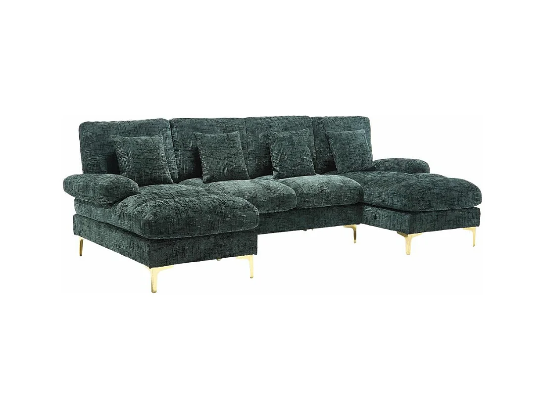 Canapé d'angle moderne en chenille 4 places canapé avec double assise convertible émeraude