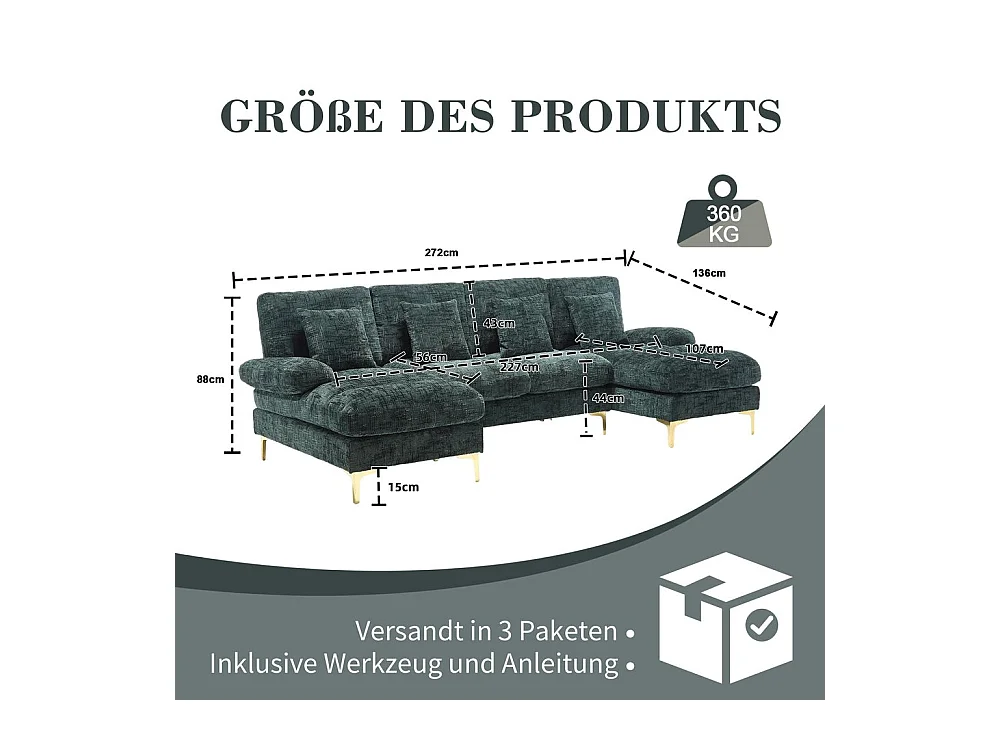 Canapé d'angle moderne en chenille 4 places canapé avec double assise convertible émeraude