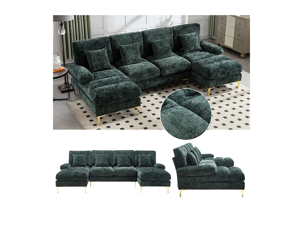 Canapé d'angle moderne en chenille 4 places canapé avec double assise convertible émeraude