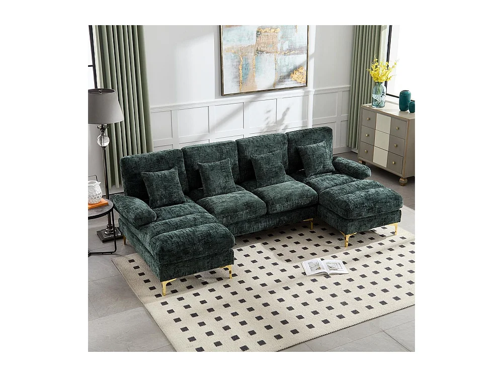 Canapé d'angle moderne en chenille 4 places canapé avec double assise convertible émeraude