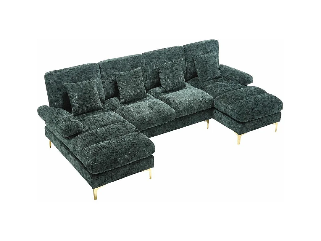 Canapé d'angle moderne en chenille 4 places canapé avec double assise convertible émeraude