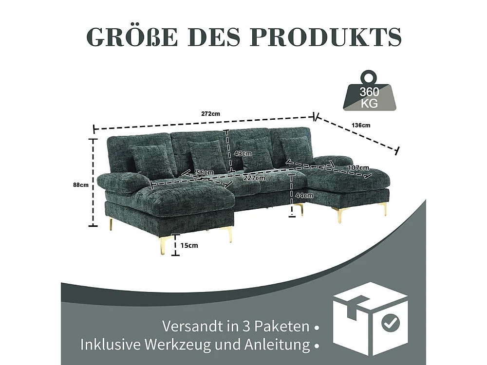 Canapé d'angle moderne en chenille 4 places canapé avec double assise convertible émeraude