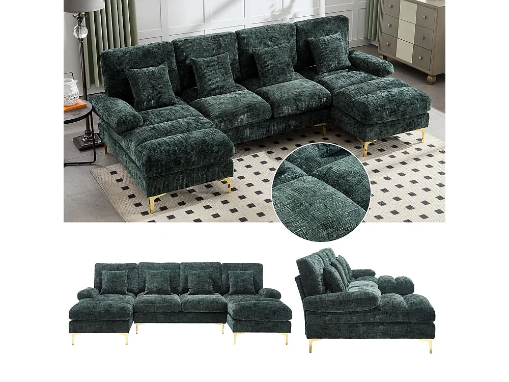 Canapé d'angle moderne en chenille 4 places canapé avec double assise convertible émeraude