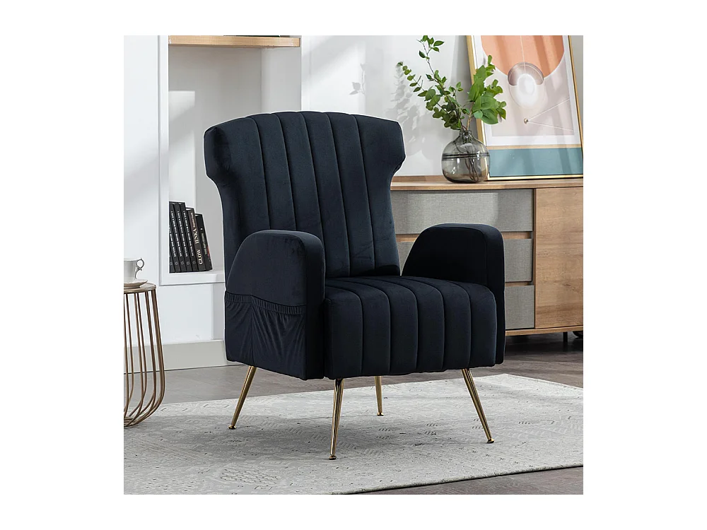 Fauteuil en velours avec pieds en métal doré rembourré chaise d'appoint canapé simple et décontracté avec dossier haut pour salon noir