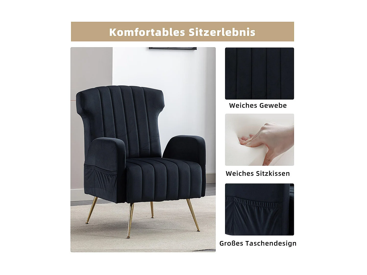 Fauteuil en velours avec pieds en métal doré rembourré chaise d'appoint canapé simple et décontracté avec dossier haut pour salon noir
