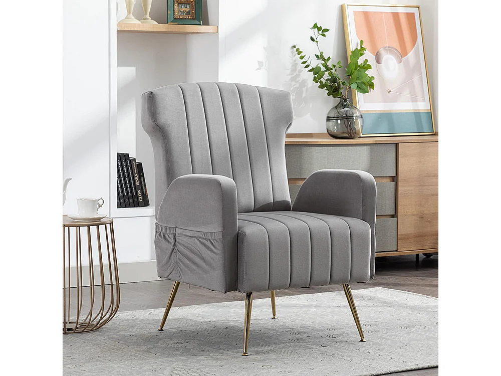 Fauteuil en velours avec pieds en métal doré rembourré chaise d'appoint canapé simple et décontracté avec dossier haut pour salon gris