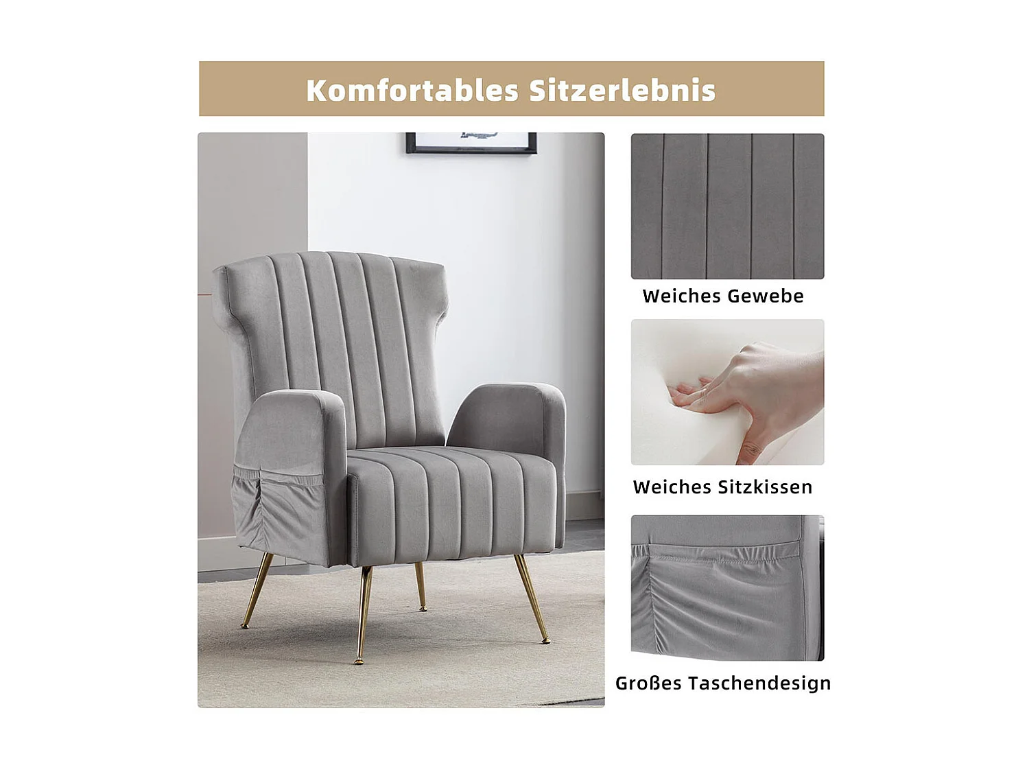Fauteuil en velours avec pieds en métal doré rembourré chaise d'appoint canapé simple et décontracté avec dossier haut pour salon gris