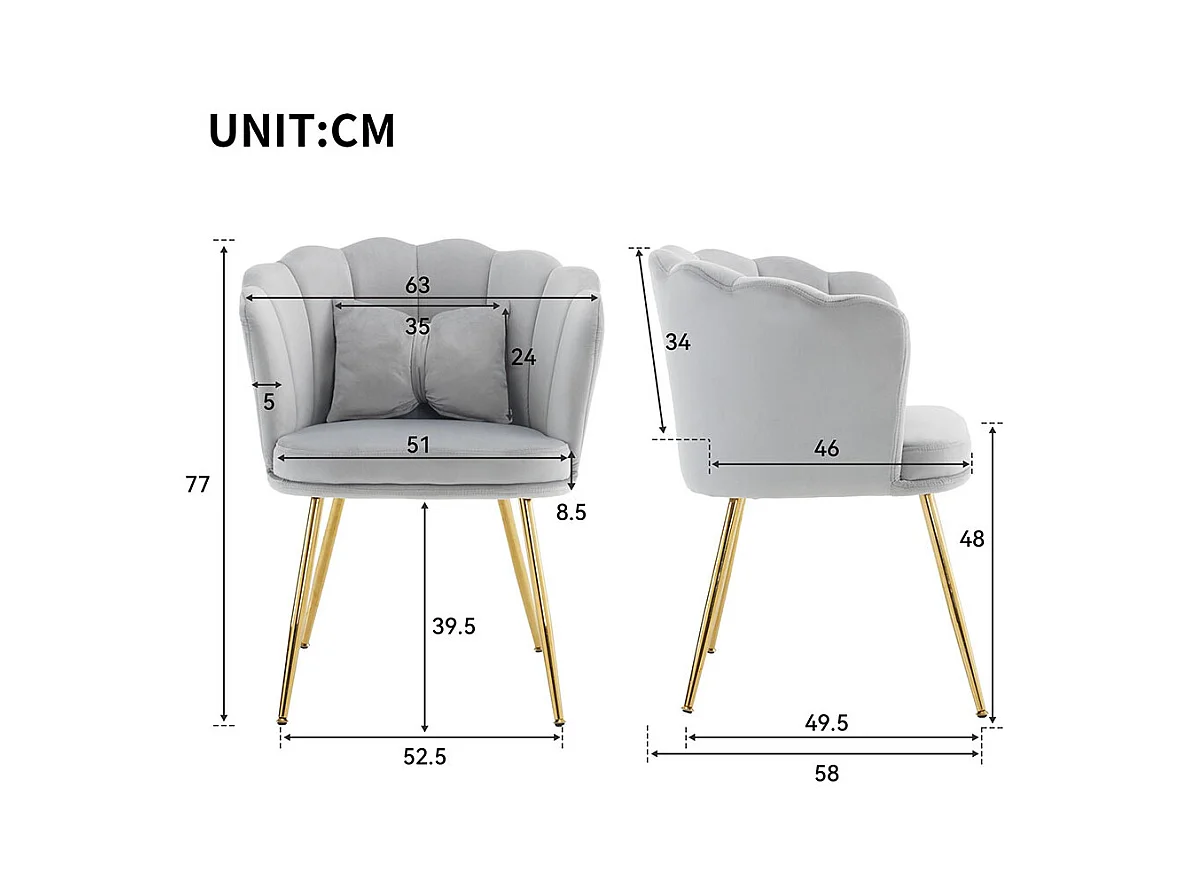 Chaise rembourrées avec dossier en forme de pétale de pieds en métal doré et de coussins en forme de papillon Gris