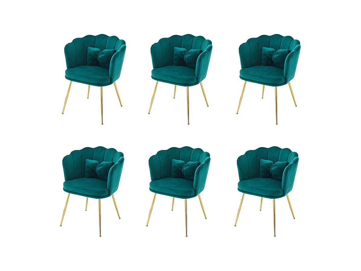 Chaise Lot de 6 rembourrées avec dossier en forme de pétale de pieds en métal doré et de coussins en forme de papillon Vert