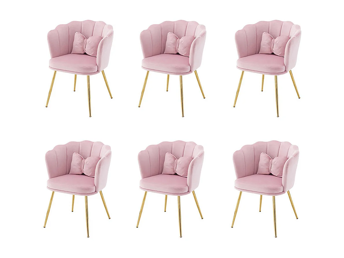 Chaise Lot de 6 rembourrées avec dossier en forme de pétale de pieds en métal doré et de coussins en forme de papillon Rose