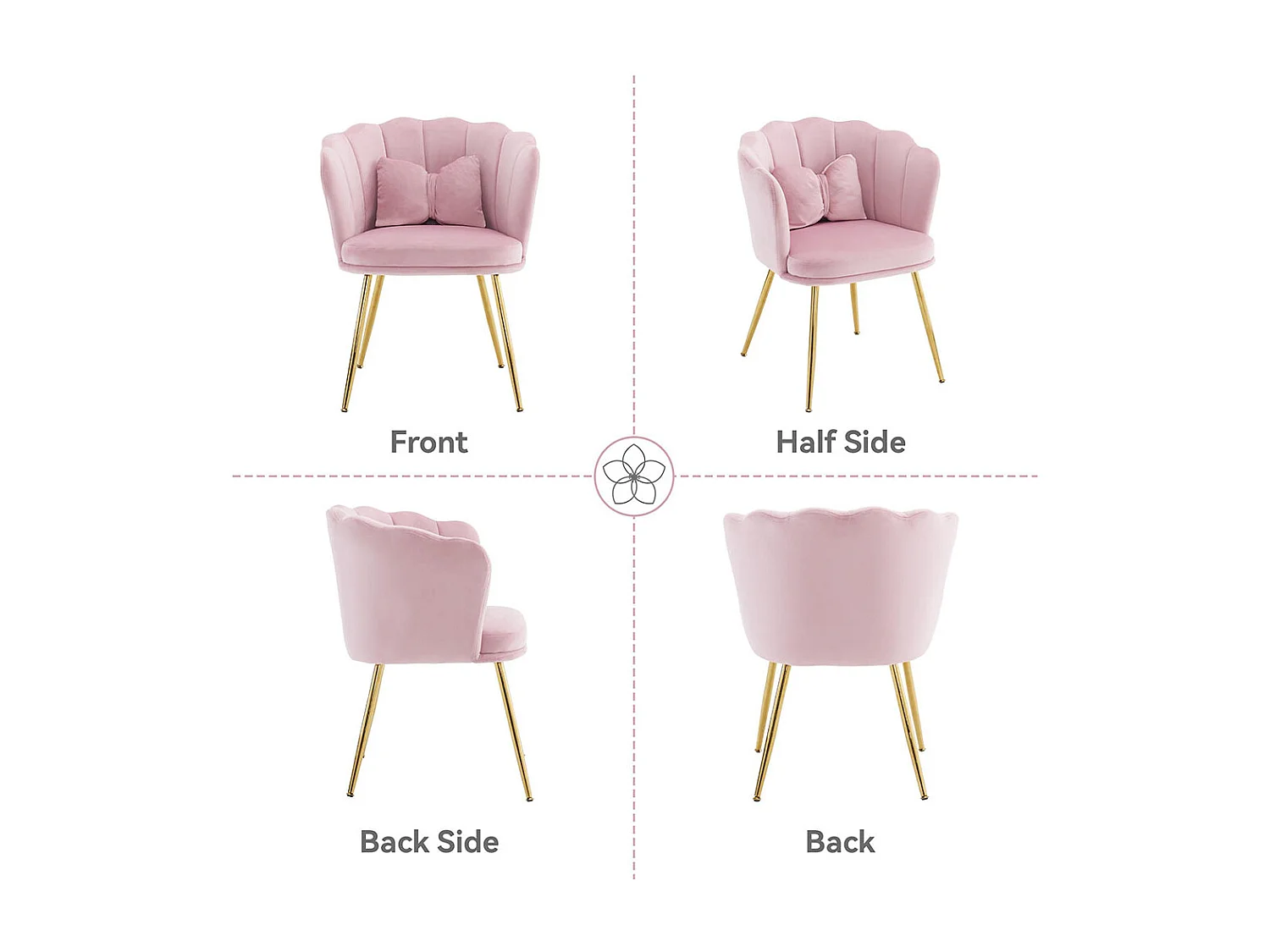 Chaise Lot de 6 rembourrées avec dossier en forme de pétale de pieds en métal doré et de coussins en forme de papillon Rose