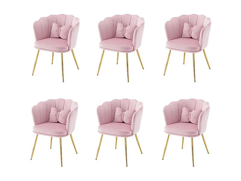 Chaise Lot de 6 rembourrées avec dossier en forme de pétale de pieds en métal doré et de coussins en forme de papillon Rose