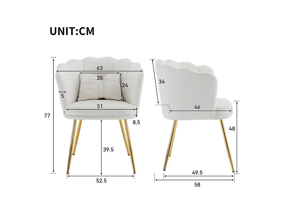 Chaise rembourrées avec dossier en forme de pétale de pieds en métal doré et de coussins en forme de papillon Beige