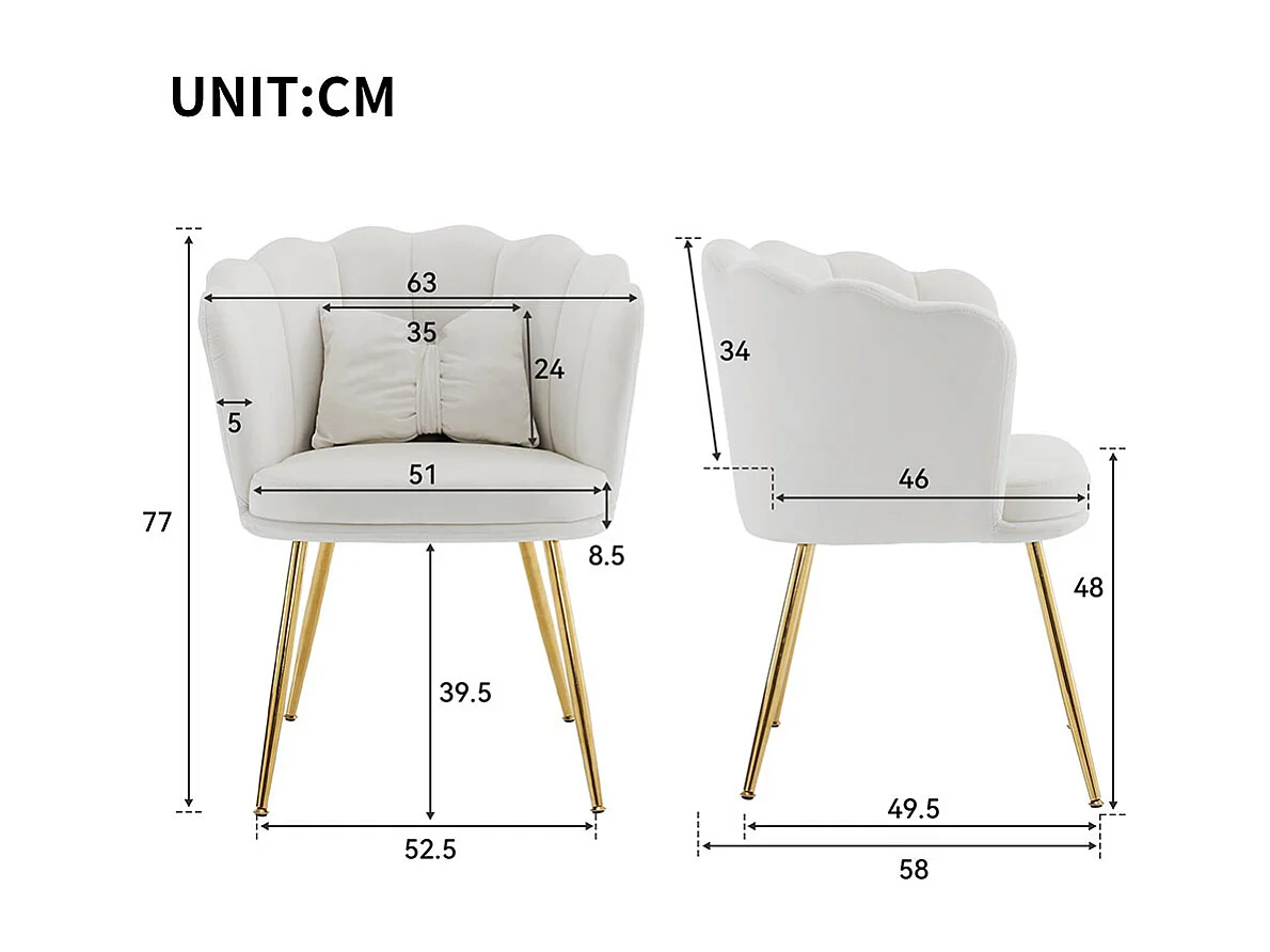 Chaise rembourrées avec dossier en forme de pétale de pieds en métal doré et de coussins en forme de papillon Beige