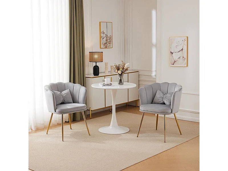 Chaise Lot de 2 rembourrées avec dossier en forme de pétale de pieds en métal doré et de coussins en forme de papillon Gris