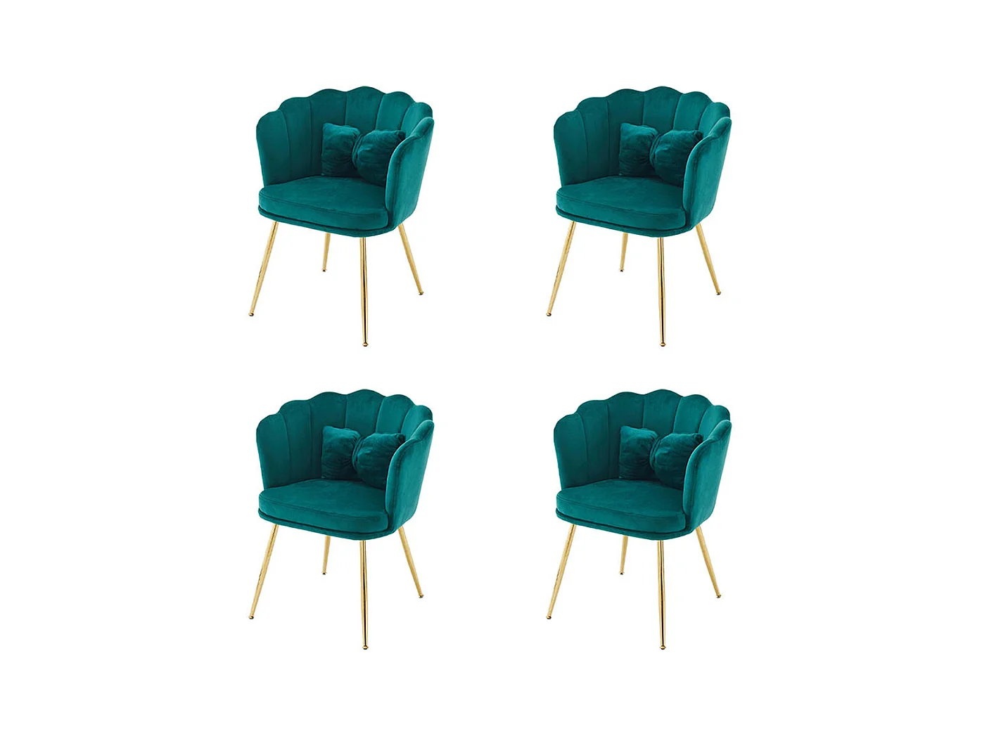 Chaise Lot de 4 rembourrées avec dossier en forme de pétale de pieds en métal doré et de coussins en forme de papillon Vert