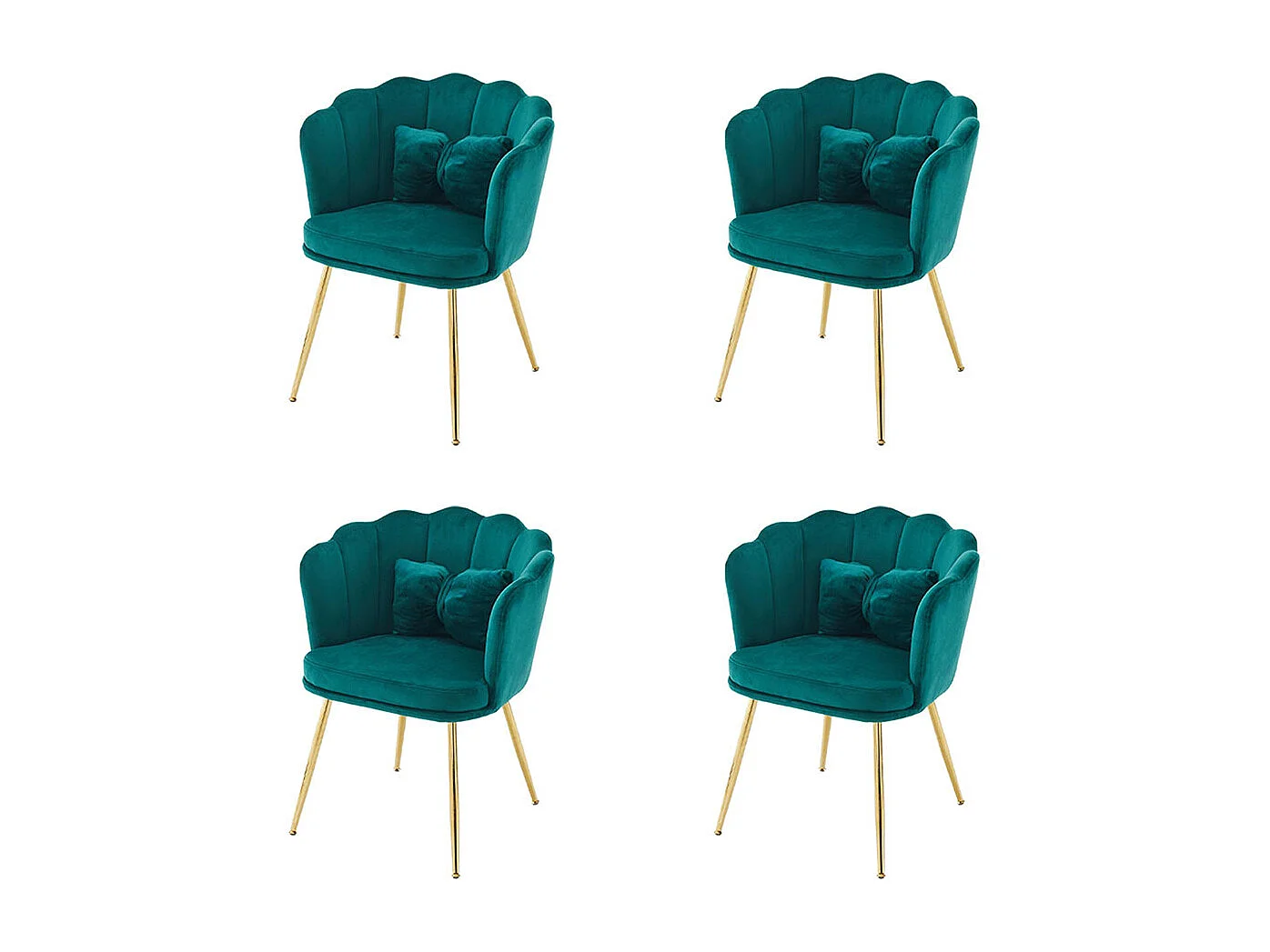 Chaise Lot de 4 rembourrées avec dossier en forme de pétale de pieds en métal doré et de coussins en forme de papillon Vert