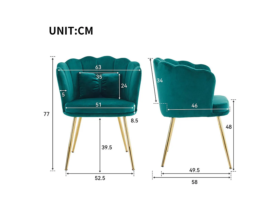 Chaise Lot de 2 rembourrées avec dossier en forme de pétale de pieds en métal doré et de coussins en forme de papillon Vert