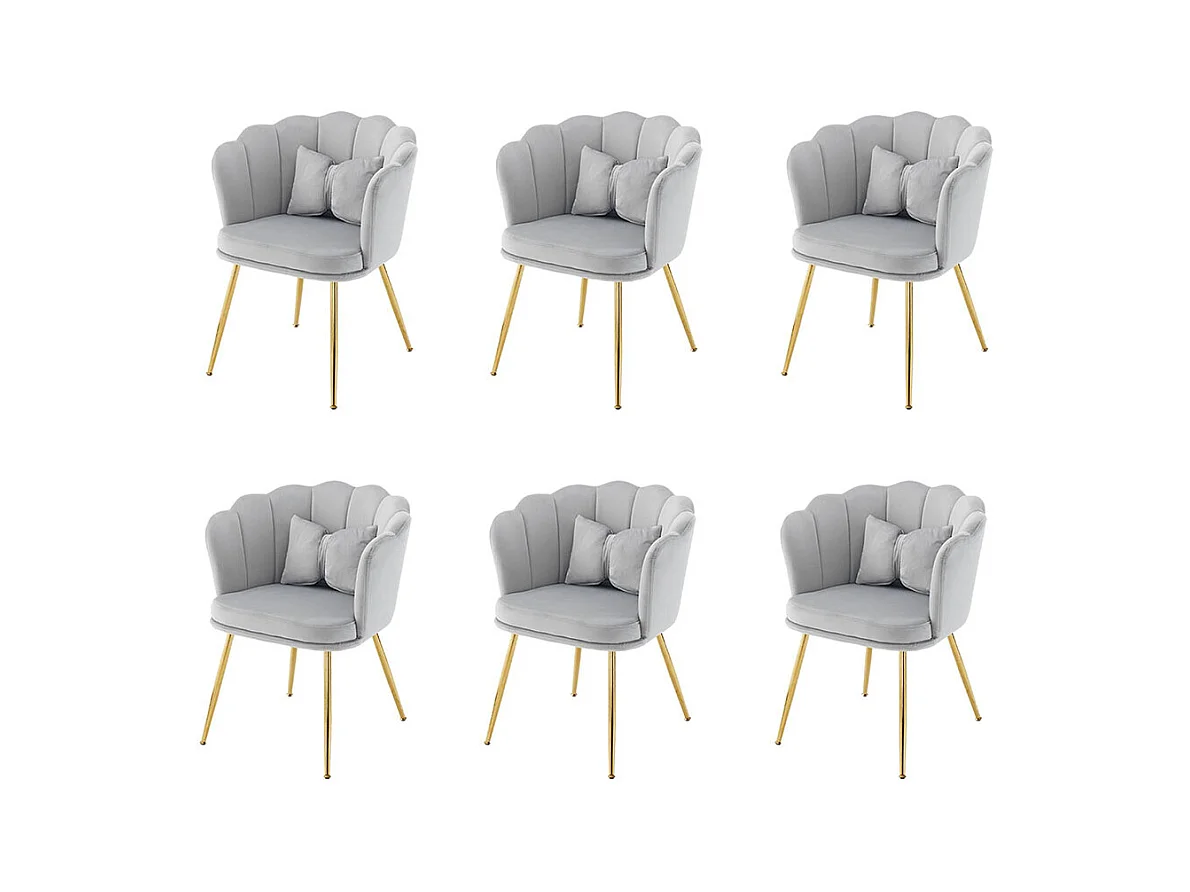 Chaise Lot de 6 rembourrées avec dossier en forme de pétale de pieds en métal doré et de coussins en forme de papillon Gris