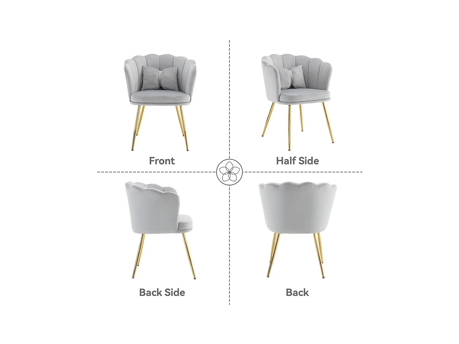 Chaise Lot de 6 rembourrées avec dossier en forme de pétale de pieds en métal doré et de coussins en forme de papillon Gris