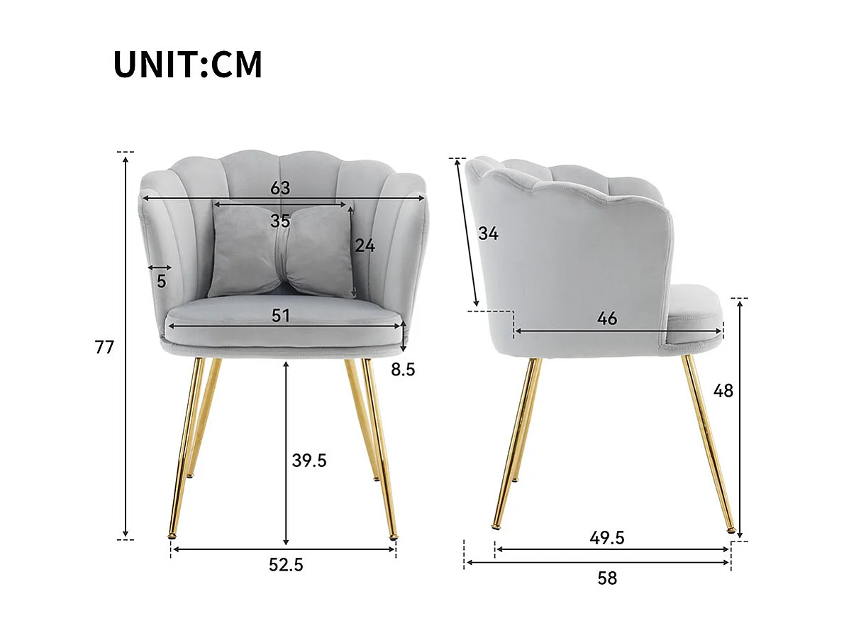 Chaise Lot de 6 rembourrées avec dossier en forme de pétale de pieds en métal doré et de coussins en forme de papillon Gris