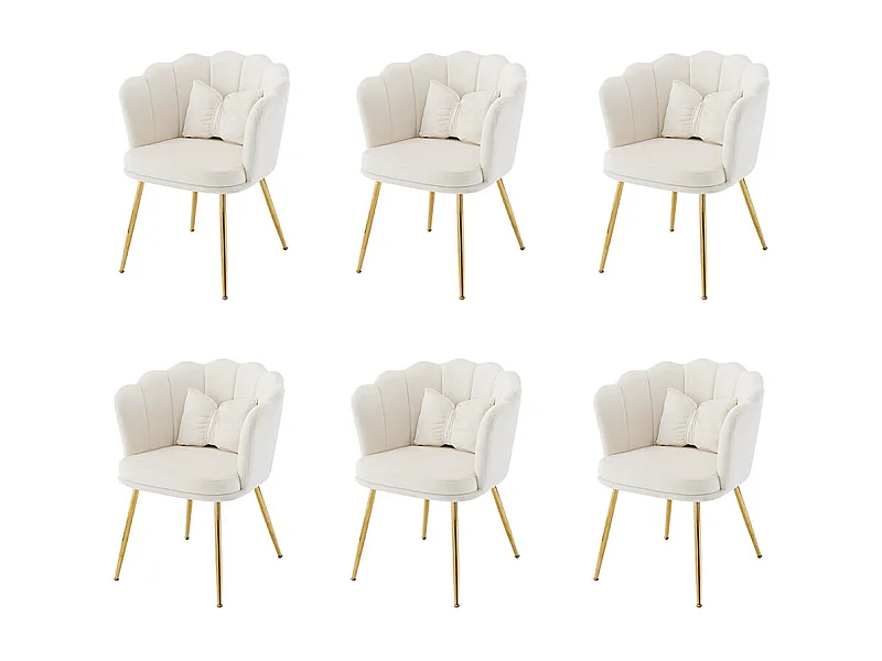 Chaise Lot de 6 rembourrées avec dossier en forme de pétale de pieds en métal doré et de coussins en forme de papillon Beige