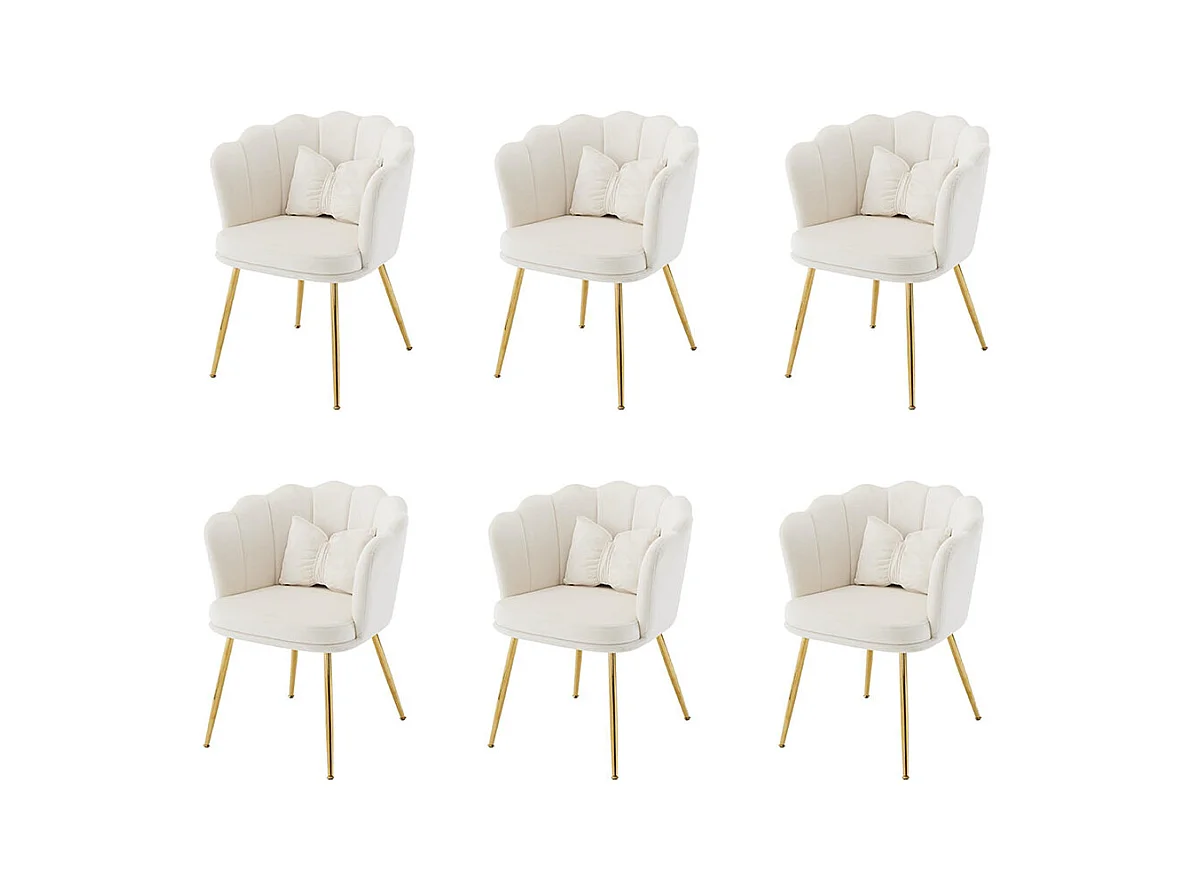 Chaise Lot de 6 rembourrées avec dossier en forme de pétale de pieds en métal doré et de coussins en forme de papillon Beige