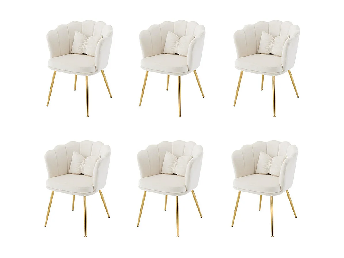 Chaise Lot de 6 rembourrées avec dossier en forme de pétale de pieds en métal doré et de coussins en forme de papillon Beige