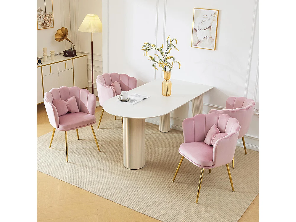 Chaise Lot de 4 rembourrées avec dossier en forme de pétale de pieds en métal doré et de coussins en forme de papillon Rose