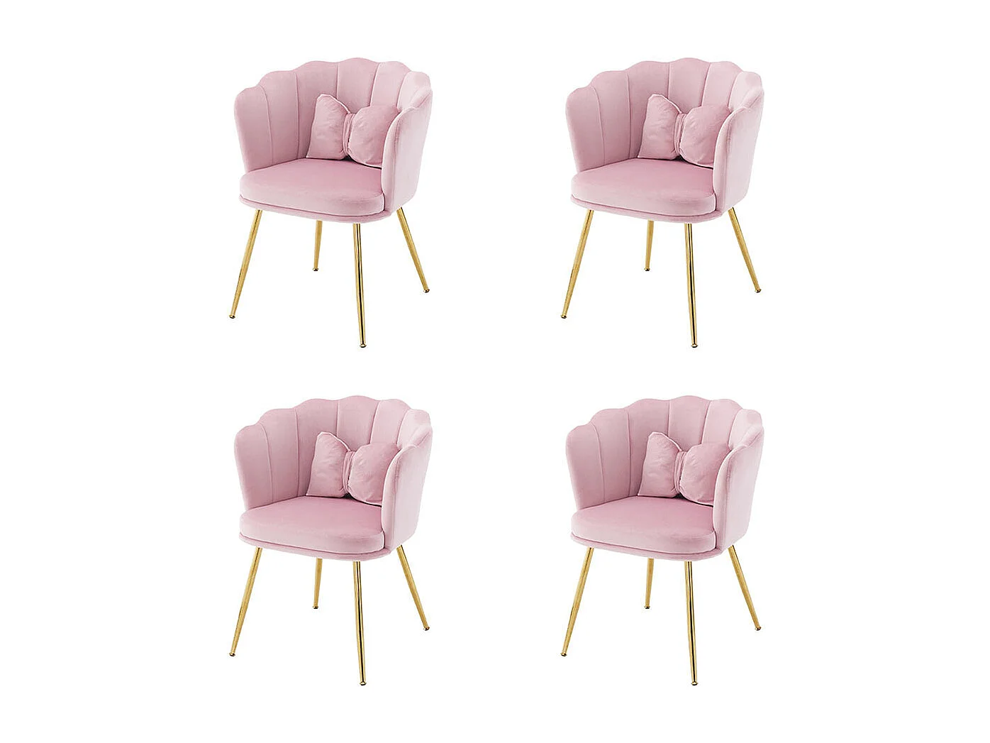 Chaise Lot de 4 rembourrées avec dossier en forme de pétale de pieds en métal doré et de coussins en forme de papillon Rose