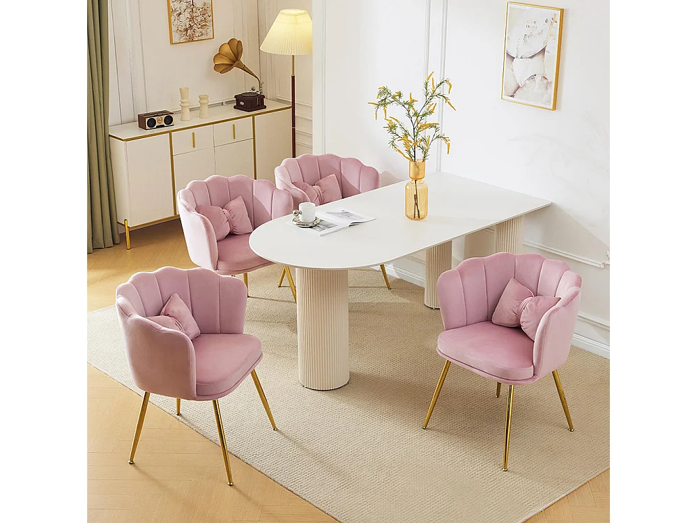 Chaise Lot de 4 rembourrées avec dossier en forme de pétale de pieds en métal doré et de coussins en forme de papillon Rose