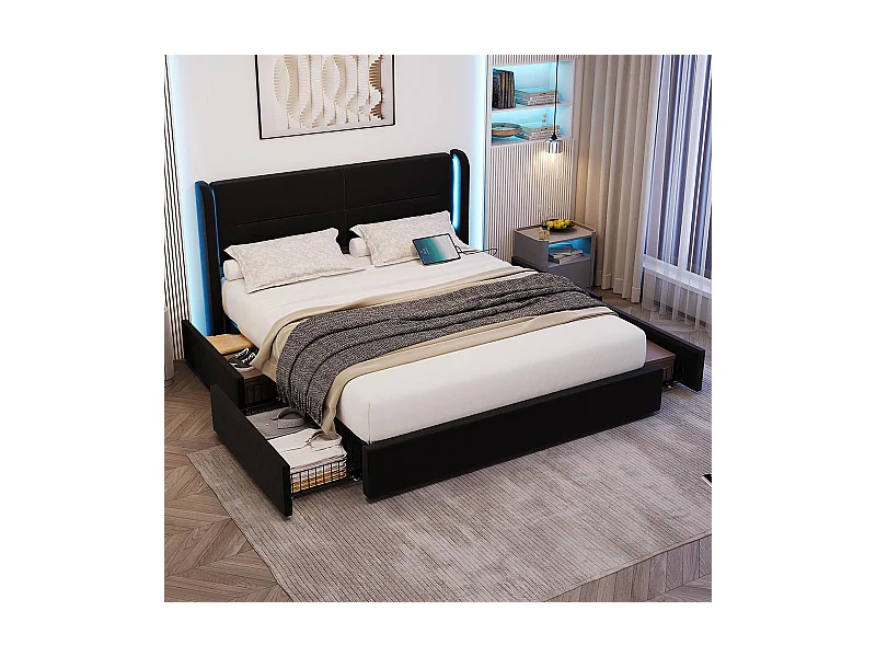 Lit avec tiroir moderne 160x200 avec éclairage LED dans la tête de lit 4 tiroirs de rangement pratiques double port USB noir