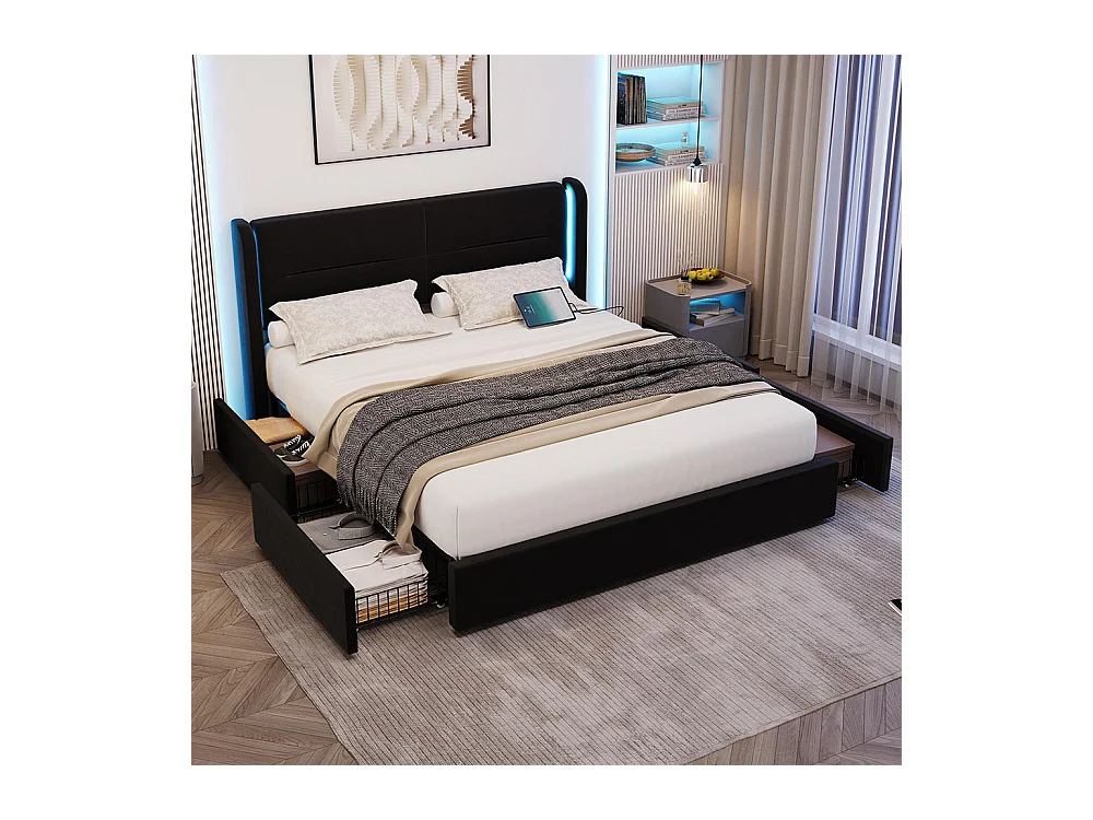 Lit avec tiroir moderne 160x200 avec éclairage LED dans la tête de lit 4 tiroirs de rangement pratiques double port USB noir