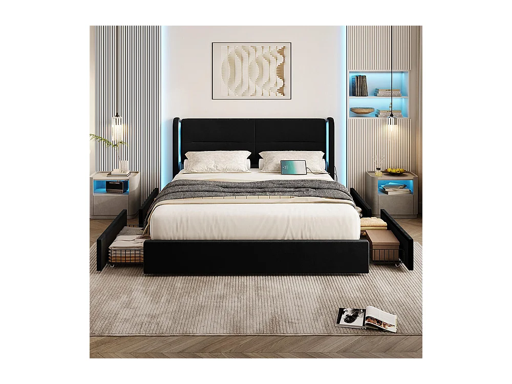 Lit avec tiroir moderne 160x200 avec éclairage LED dans la tête de lit 4 tiroirs de rangement pratiques double port USB noir