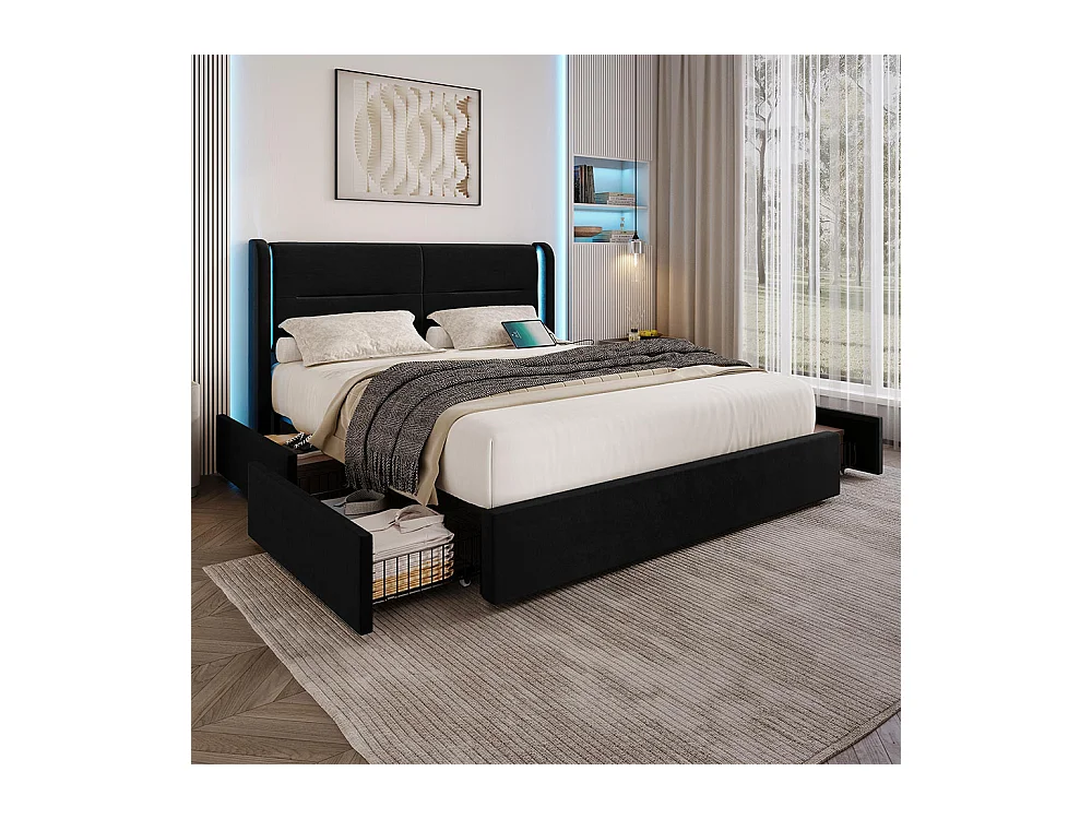 Lit avec tiroir moderne 160x200 avec éclairage LED dans la tête de lit 4 tiroirs de rangement pratiques double port USB noir