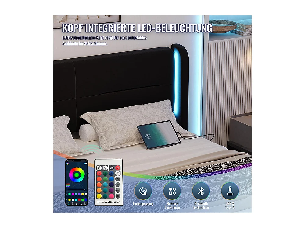 Lit avec tiroir moderne 160x200 avec éclairage LED dans la tête de lit 4 tiroirs de rangement pratiques double port USB noir