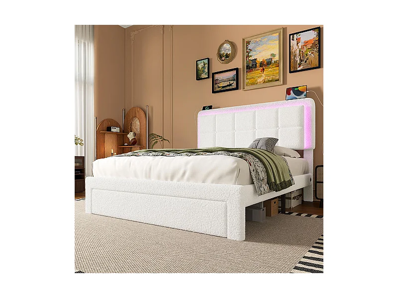Lit avec tiroir moderne 140x200 avec revêtement en velours Teddy structure en fer et bois tête de lit réglable éclairage d'ambiance réglable port USB blanc