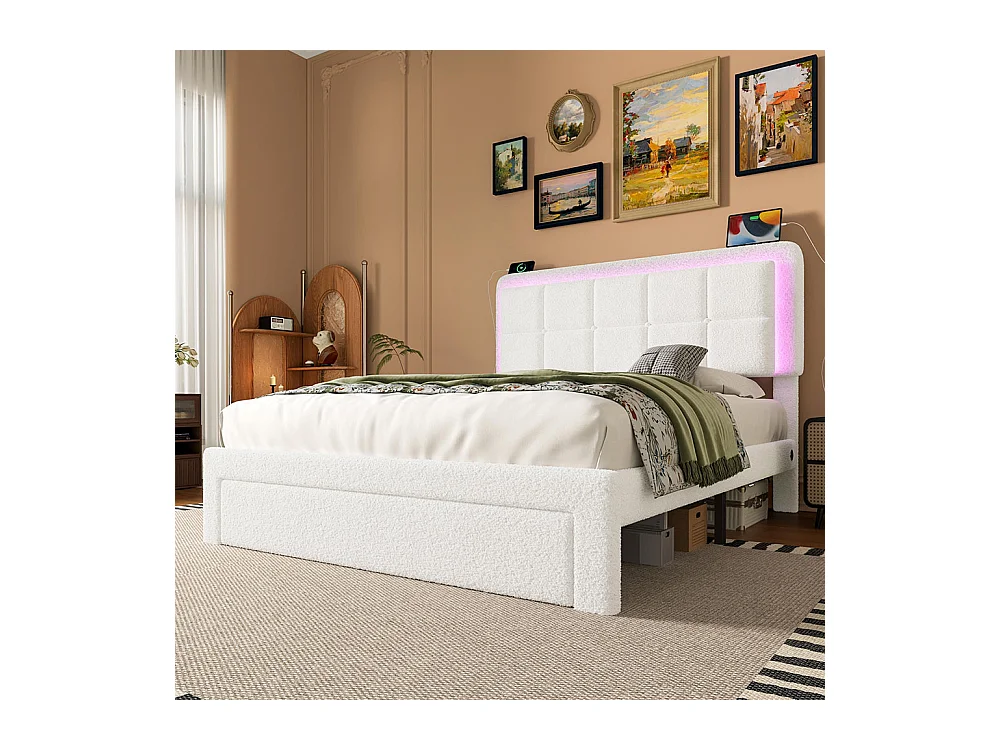 Lit avec tiroir moderne 140x200 avec revêtement en velours Teddy structure en fer et bois tête de lit réglable éclairage d'ambiance réglable port USB blanc
