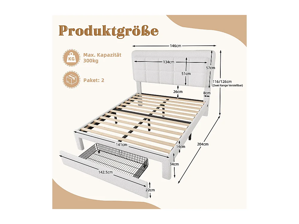 Lit avec tiroir moderne 140x200 avec revêtement en velours Teddy structure en fer et bois tête de lit réglable éclairage d'ambiance réglable port USB blanc