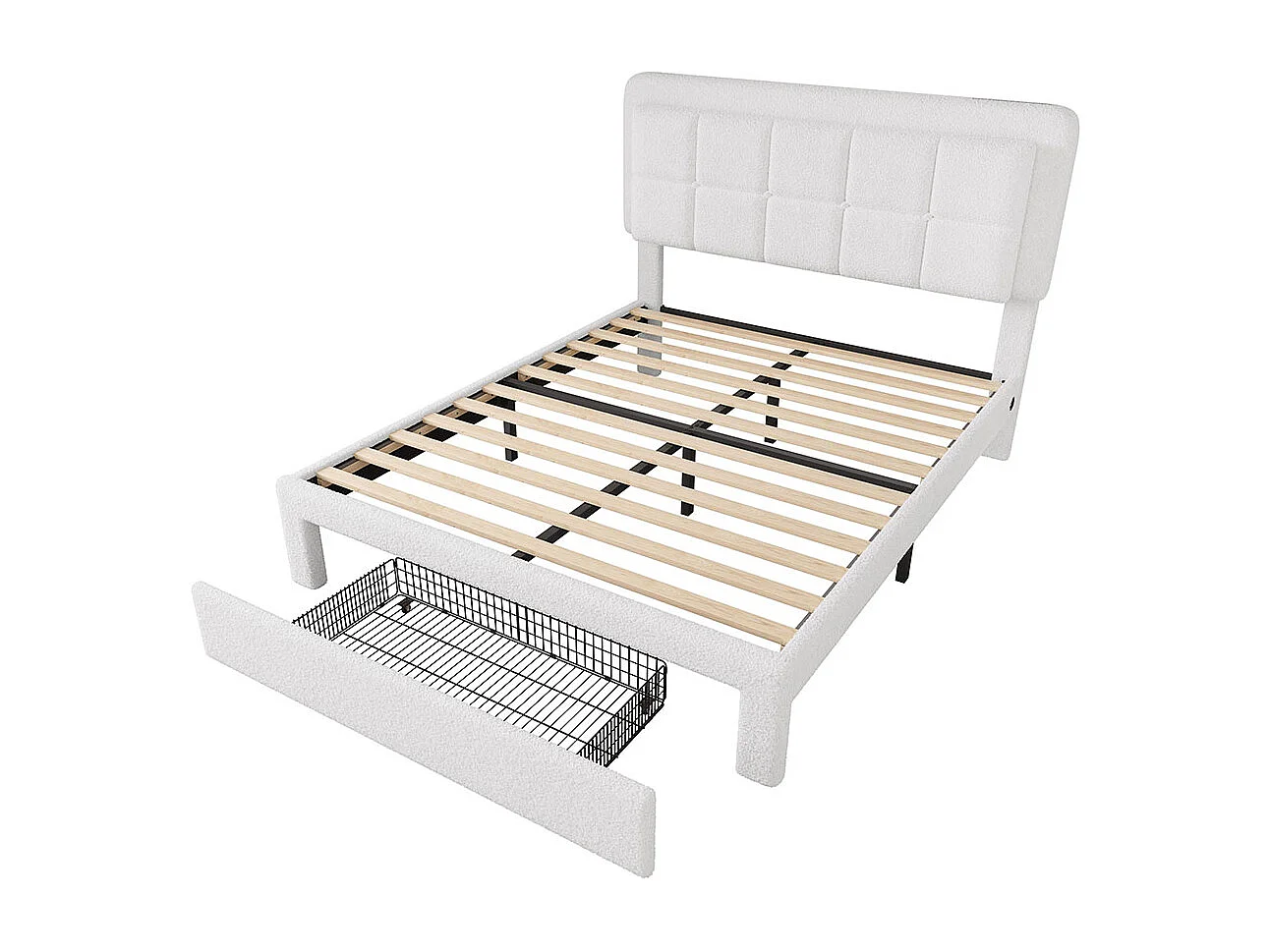 Lit avec tiroir moderne 140x200 avec revêtement en velours Teddy structure en fer et bois tête de lit réglable éclairage d'ambiance réglable port USB blanc