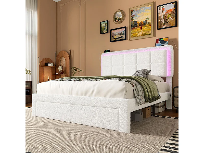 Lit avec tiroir moderne 140x200 avec revêtement en velours Teddy structure en fer et bois tête de lit réglable éclairage d'ambiance réglable port USB blanc